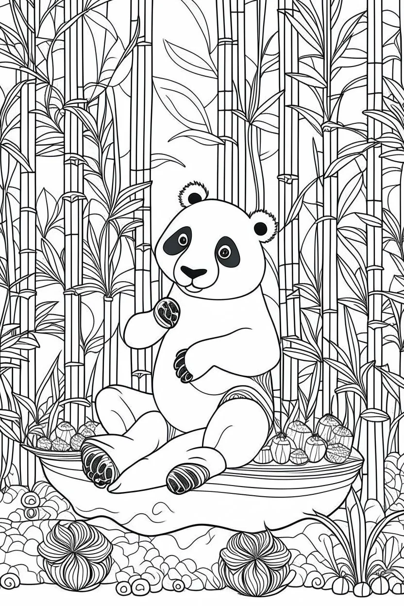 HAPPY NEW YEAR coloring page for kids, Panda munches on bamboo in patterned backdrop, thick outline, low details, no shading, no color