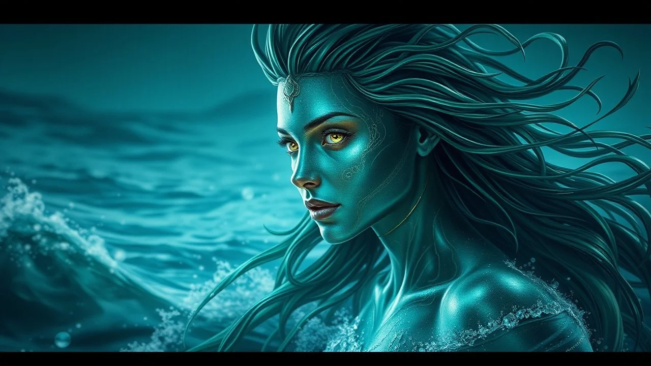 In this captivating digital artwork, an ethereal figure emerges, embodying the essence of the ocean. Her skin shimmers with a metallic emerald hue, reflecting the deep mysteries of the sea. Her hair, sharp and flowing like seaweed caught in a current, adds to her otherworldly appearance. Eyes glowing with an inner light, she gazes out over the water with a serene yet powerful expression, as if she is the guardian of all that lies beneath the waves. This portrait captures the beauty and mystique