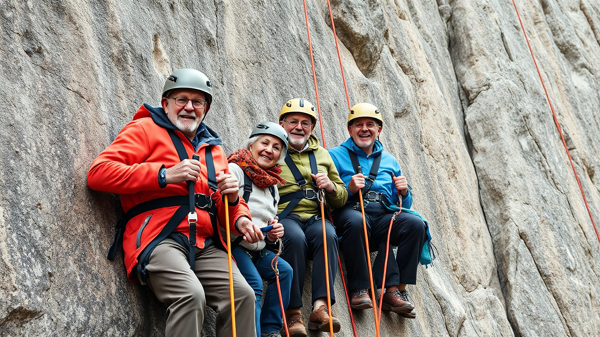 Elderly pensioners abseiling down a precipitous rock face. Everyone is happy. Photographic quality and detail, award-winning image, beautiful composition.