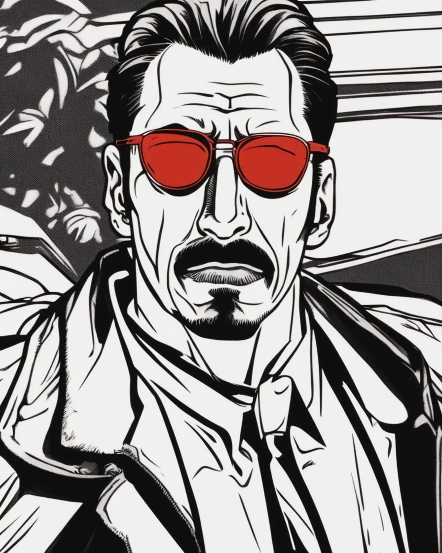 a young man with big muscles who looks like hans gruber wearing a heavy coat and red sunglasses staring with an irritated look on his face