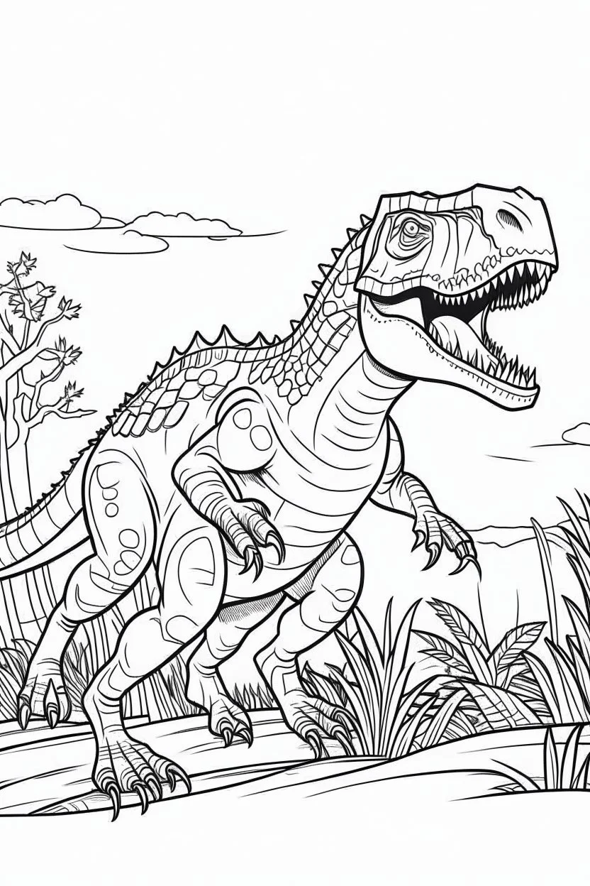 create a coloring page, white background Show a T-Rex patrolling the edge of its territory, marking the boundary with its scent and warning intruders to stay away ink drawing clipart, simple line illustrations, colored