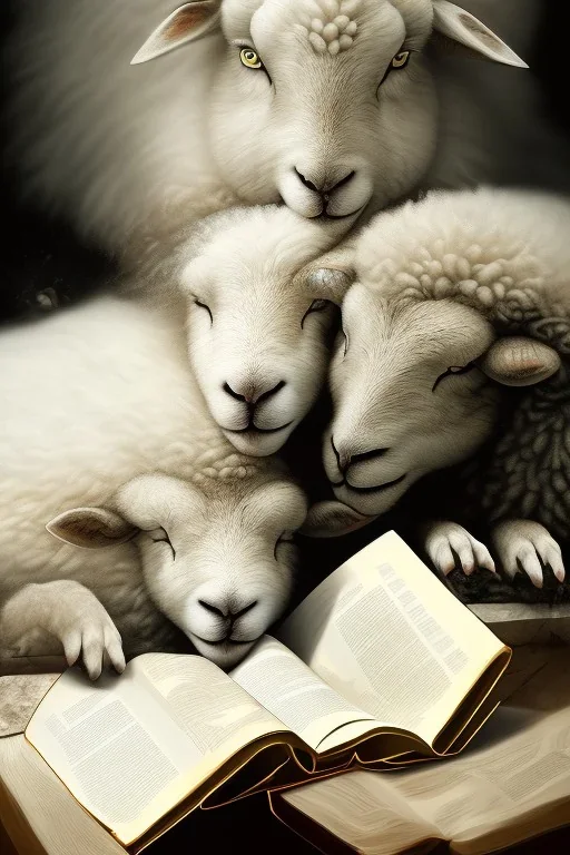 one black sheep reads a book on other site white sheep herd sleep going down