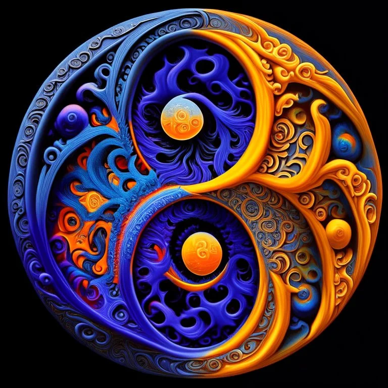 yin-Yang symbol, hyper detailed, photorealistic, hyper detailed, hyper defined, orange, azul, purple, yellow, DMT art