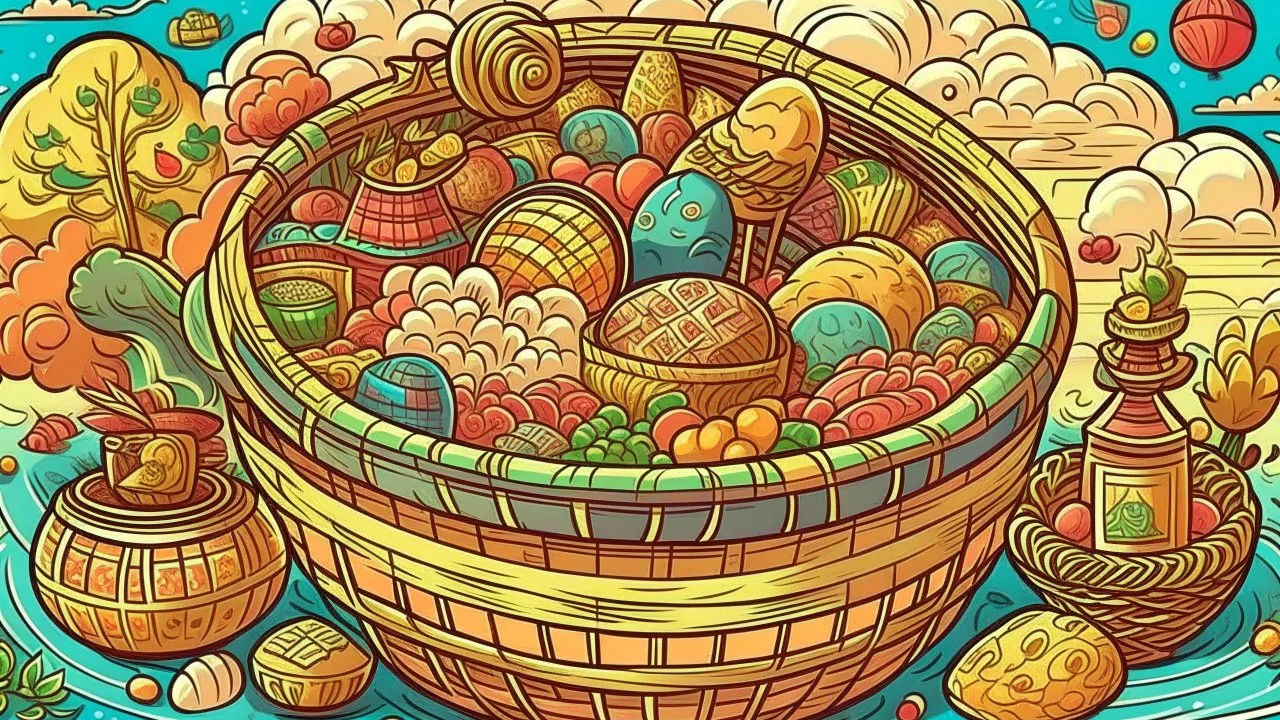 Fantasy cartoon illustration: an Eastern basket full of delicious Eastern treats