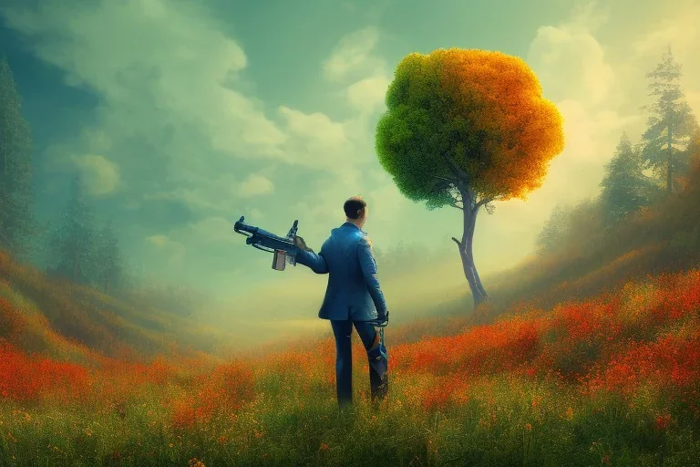 A tree,on a valley,blue deep sky, Colourful meadow,and a man in red with a gun like a heist,details,texture,8k quality, 100 meters snapshot, Expressionism