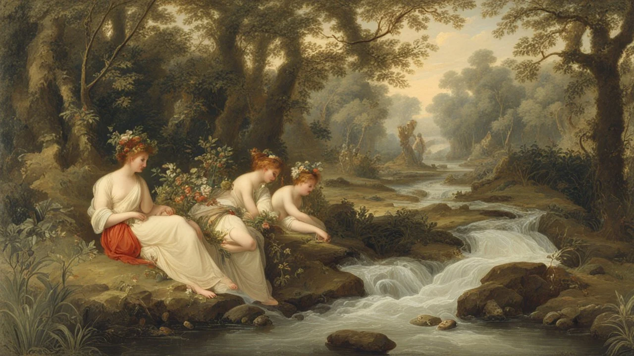 Nymphs sitting next to a stream, in a woodland clearing