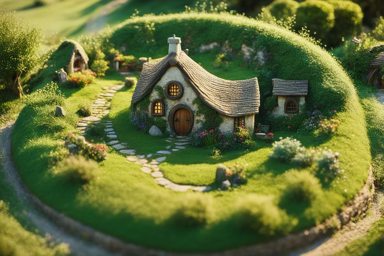 [Image of the Shire by JRR Tolkien] Miniature roundish cozy hobbit house hole of the Shire tilt-shift (La la la La la la la La la la La la la la)
