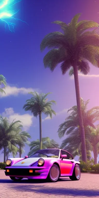 1980's aesthetic vaporwave palm trees and spheres and Porsche with lightning