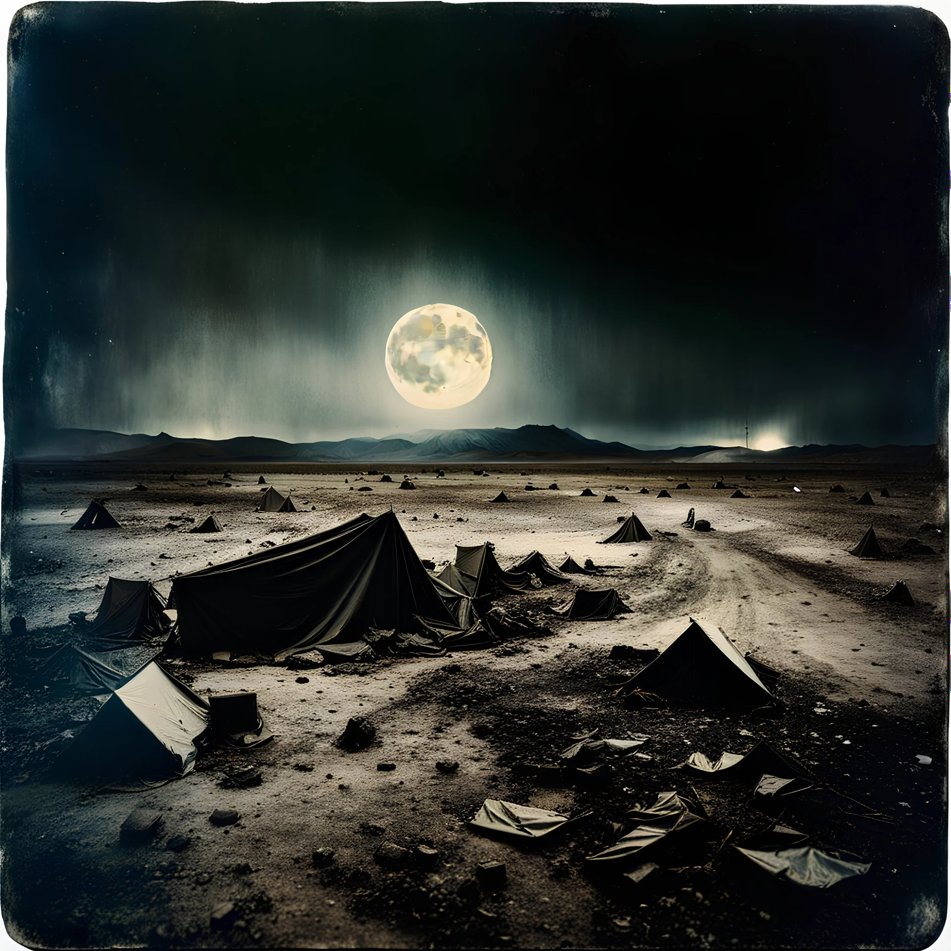 Photorealistic polaroid style nothingness and distress, wasteland night Max Ernst Hieronymus Bosch, creepy, volumetric light, movie shot, details, high contrasts, nightmare, hypermaximalist