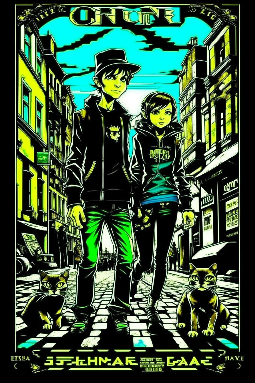 Design a detective book cover for teenagers. Three teenage detectives and black cat in the centre, one boy on her left, the girl in the centre and one on her right are on the town street. Banksy style, modern comic book style, mysterious atmosphere,