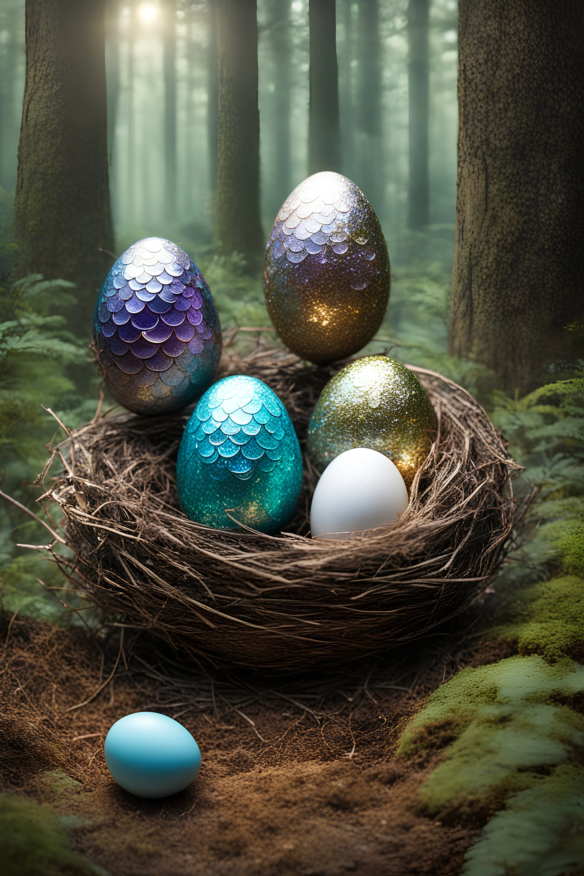 Two sparkly eggs and one egg with scales, in a nest in the forest