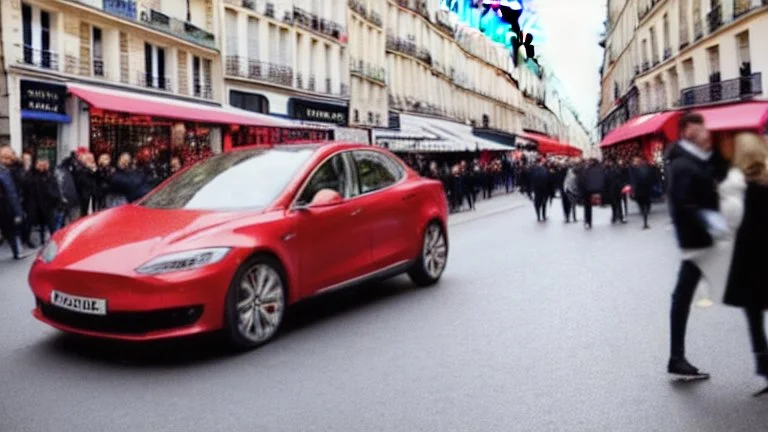 A Tesla's 'Model S Plaid' is racing at top speed, by the 'Sacre Coeur', in Paris. CINEMATIC. WIDE ANGLE LENS. PHOTO REAL.