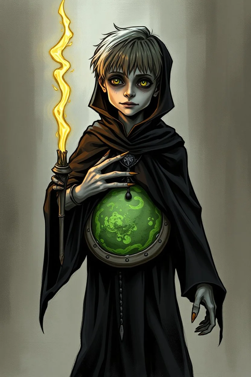 7 year old boy, necromancer, friendly, looks dead,with a long lamprey emerging from his belly , wearing black robes, in the style of Harry Clarke