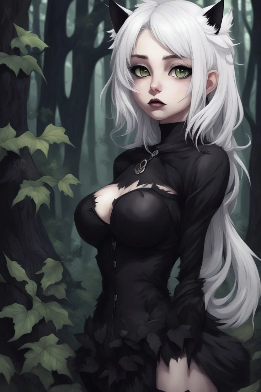 CAT GIRL, goth, forest, nature, cartoon, leaves, half black half white hair, boobs, portrait