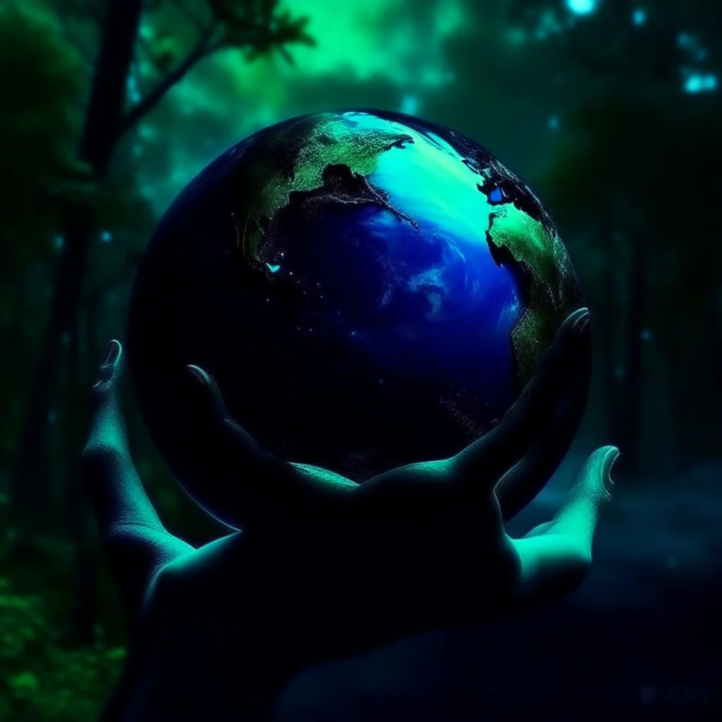 promise the world, dark green and blue colors, without hands, fantasy atmosphere, photo quality