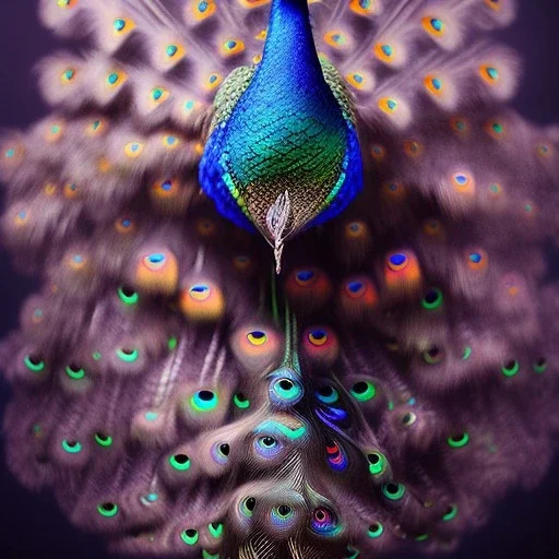 peacock face fantasy art,surreal, Unreal Engine 5, lens macro,sharp focus, realistic, hyper detailed, studio lighting, neon light ambient