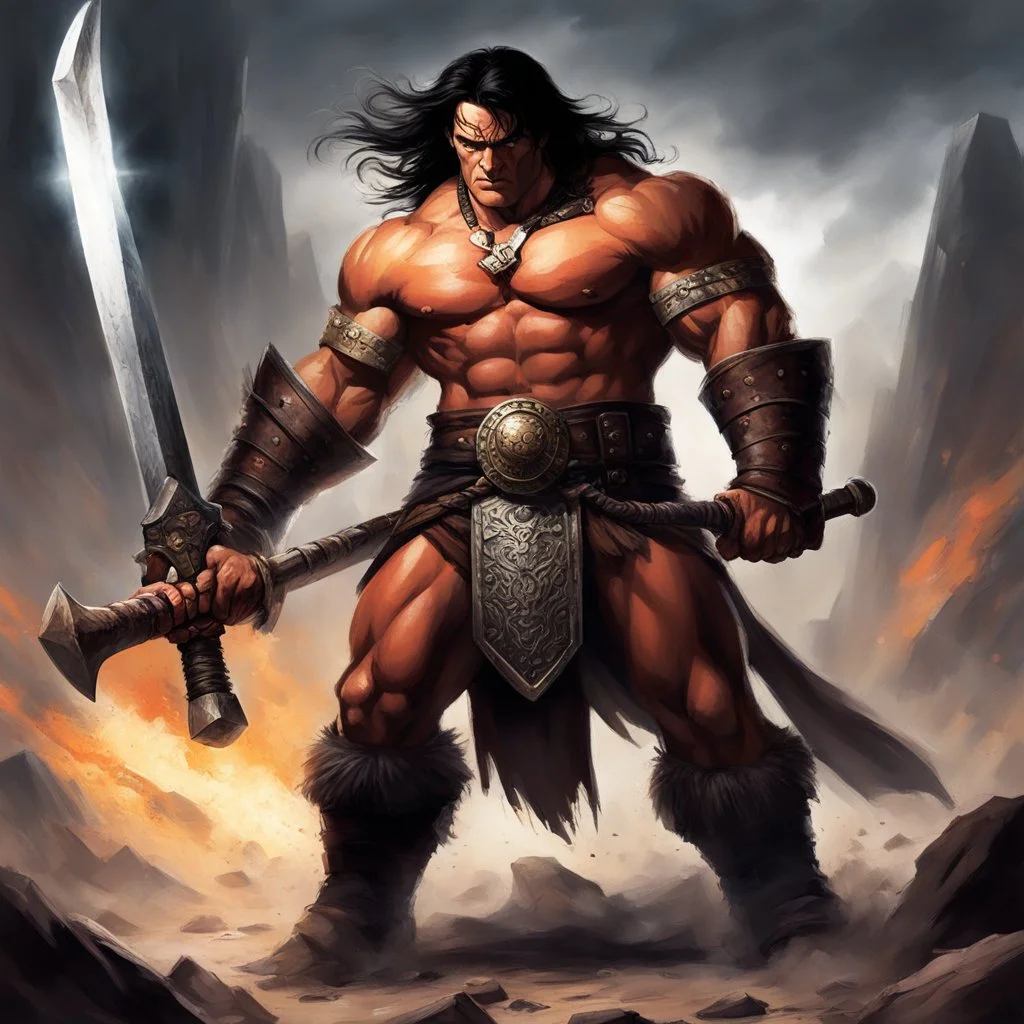 Conan, mighty and fierce, grips his gigantic hammer, His hands firmly locked, ready to unleash its power. Strength and determination emanate from his stance, A force to be reckoned with, ready for the battle's dance.battles, and with his warhammer held ready, he is prepared to unleash his wrath upon any who dare to challenge him.