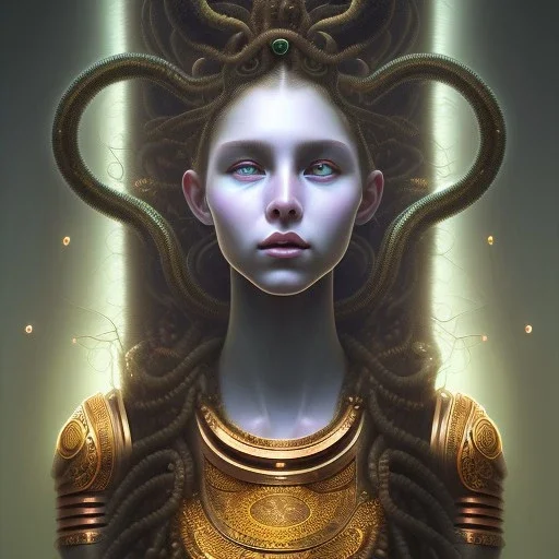 portrait of teenage medusa, with raised eyebrow, wicked smile, black snakes cover her head, hairless, wearing an embroidered rusty tunic, dark background, intricate, elegant, copper and emerald jewelry, glowing lights, highly detailed, digital painting, artstation, concept art, smooth, sharp focus, illustration, art by wlop, mucha, artgerm, and greg rutkowski golden ratio