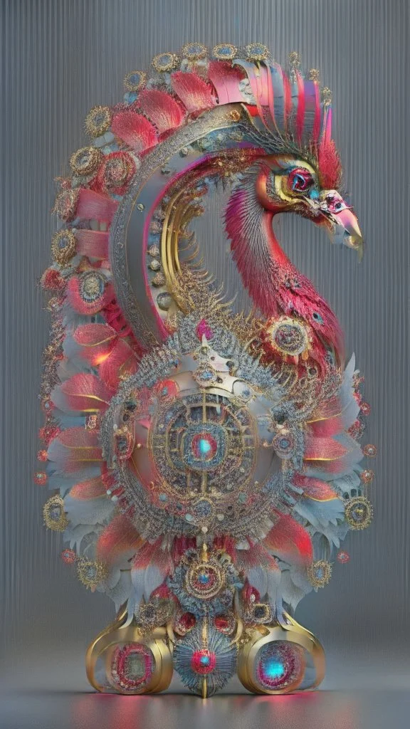 huge red gold black peacock, with clockwork gear on its back, symmetric, mandala, hyper realistic, futuristic, unreal engine5, octane render, 3D rendering, white background, digital art, in the style of Android Jones, mechanism, engine parts, vivid colours, side light, 16k