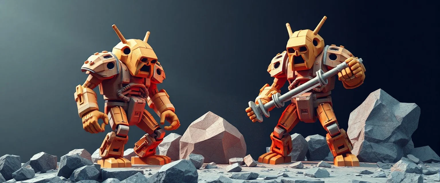 low poly and hi poly rock golems side by side
