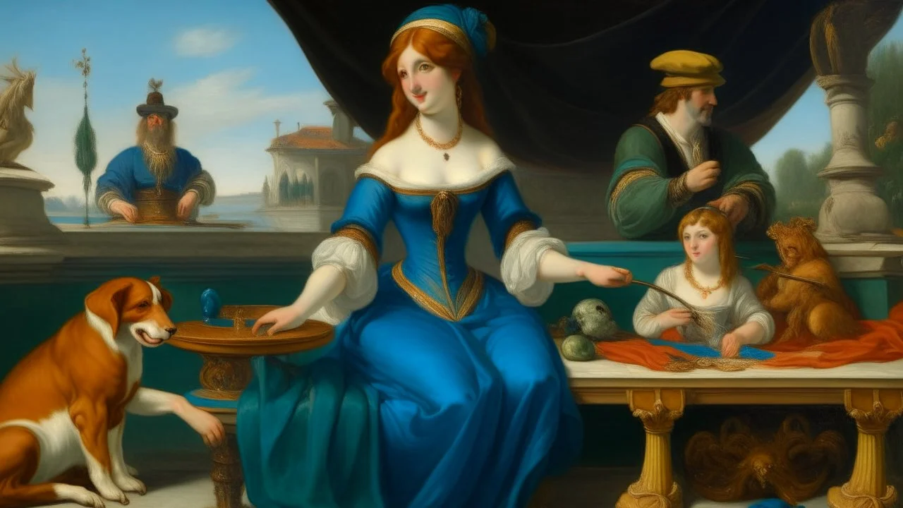 Oil painting of a white woman, around 25 years old, with auburn hair in a braid, wearing a blue jester hat, sitting on a stone pedestal with a lion head, seen from behind. In the background, two figures in a gondola, one playing a lute and the other rowing, both wearing elaborate costumes and masks. The scene is set in a Venetian-style palace with golden columns and arches. The painting style is reminiscent of the Old Masters, with soft, diffused lighting and a warm color palette. The brush