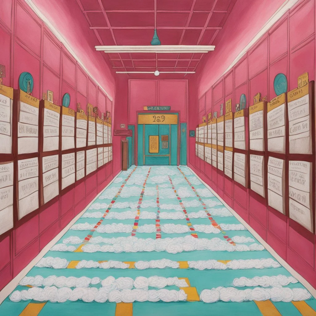 [art by Wes Anderson] the longest toilet paper in the world, in Charlie's chocolate factory