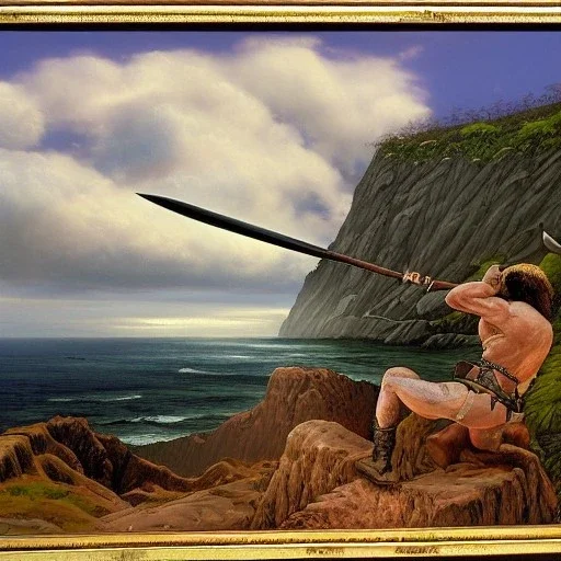 a landscape painting of a [barbarian warrior] holing a ((battle axe)) on a cliff overlooking the sea by Richard Corben