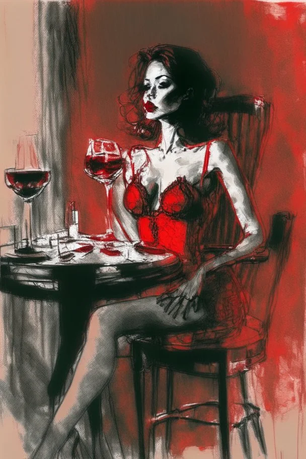 elegant beautiful brown-haired woman in red and black lace lingerie with crossed legs, proudly sitting on a chair, cigarette in her right hand, a glass of red wine on a table next to her, her lips are red, surrealist, smooth, pop, accentuate, faded glow, morning, bright, fine art, push, structure, silhouette, pencil sketch by Jean Cocteau fantasy high definition crisp quality in sunshine