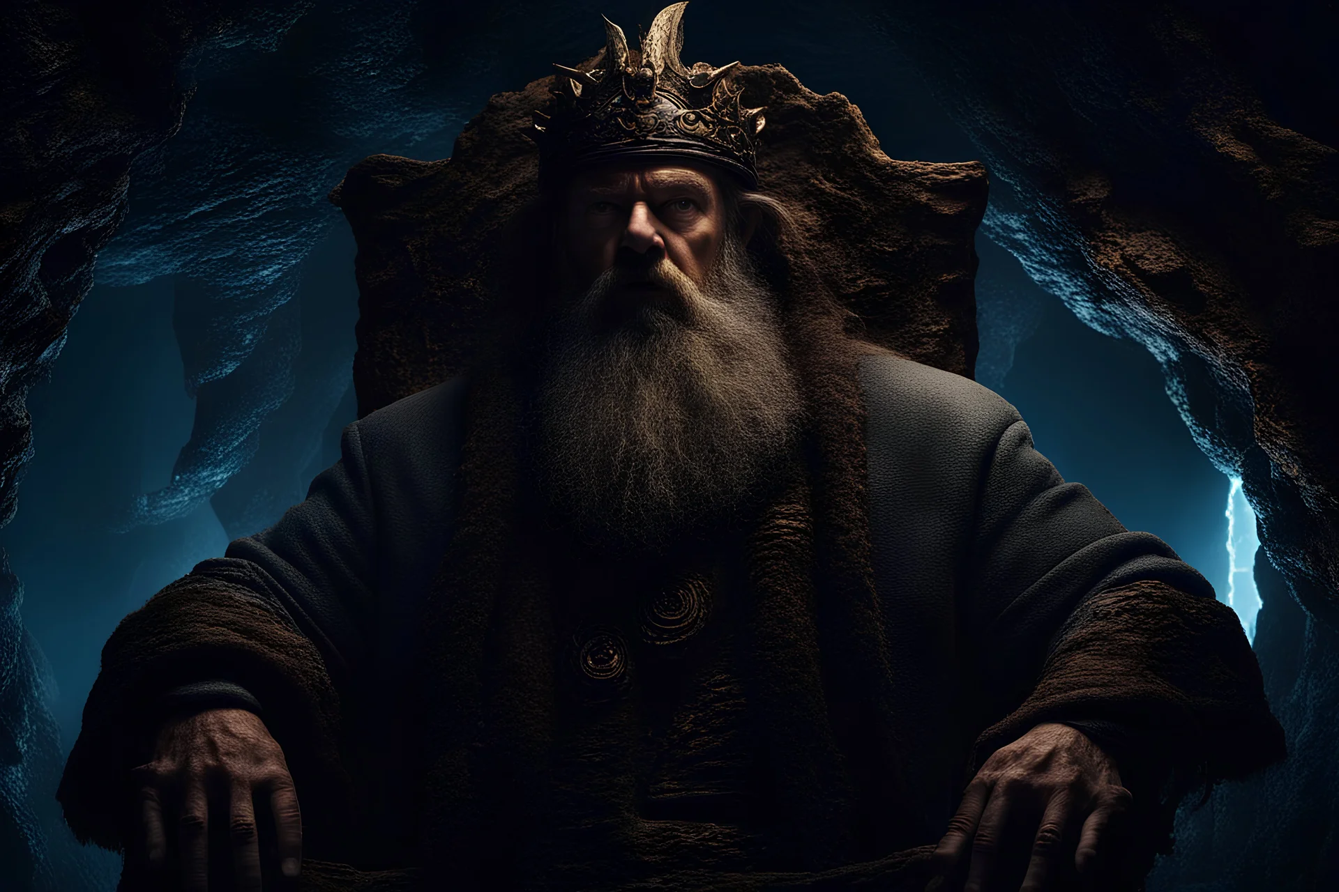 a award winning heroic shot of a mountain king in a stunning detailed showcave, epic mountainking meditate about life, long curly beard, glowing blue eyes, cave is like a big dome, fantastic stalagmites and stalactites, (cinematic lighting:1.1), moody lights, heroic pose, in the style of photorealistic fantasy, still from a oscar winning fantasy movie, 50mm zeiss supreme prime lens, clear and sharp focus, shallow dof, fantasycore, stonecore, beautifully color graded, dynamic composition, sparkle