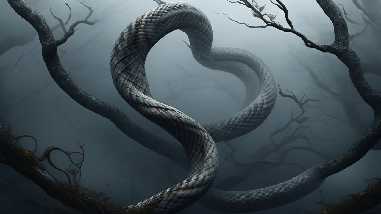 Multiple entanglements, in the form of a snake between a twisted thin piece of cloth as part of many twisted branches disappearing into the distant mist, epic photo, sharp on many details and high contrast, photorealistic, 4K, 3D, realism, hyperrealism, detail, good lighting, detailed texture, modern photography style, 3D, 4D, 4K --2:3