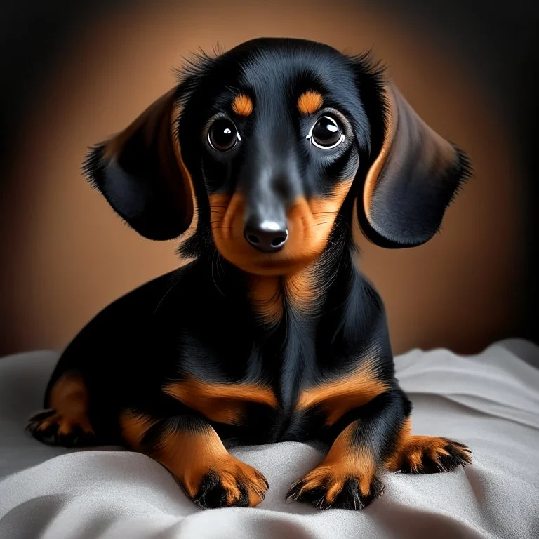 Disney style picture of a black and tan short hair dachshund puppy of 7 months.