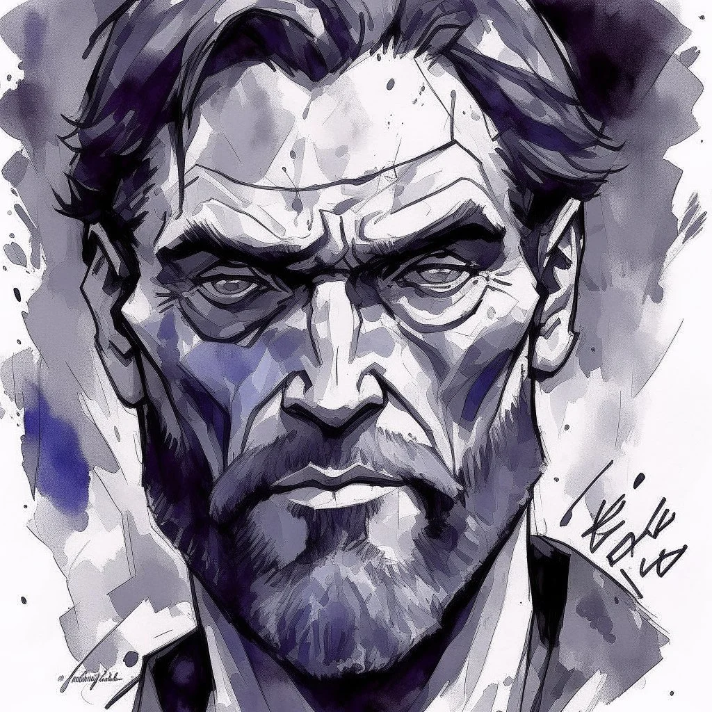 dnd, fantasy, watercolour, large strokes, stylistic, portrait, face far away, illustration, very dull black grey colours, male, face, sturdy wide face, weathered face, sly, violent, evil, ruthless, vicious, smiling