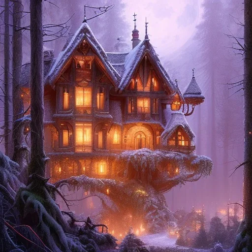 a magical house in the woods, vertical, sharp, vines, candlelit, endor, ornate, elegant, highly detailed, artstation, concept art, smooth, sharp focus, illustration, 8k, splash art, wallpaper, key visual