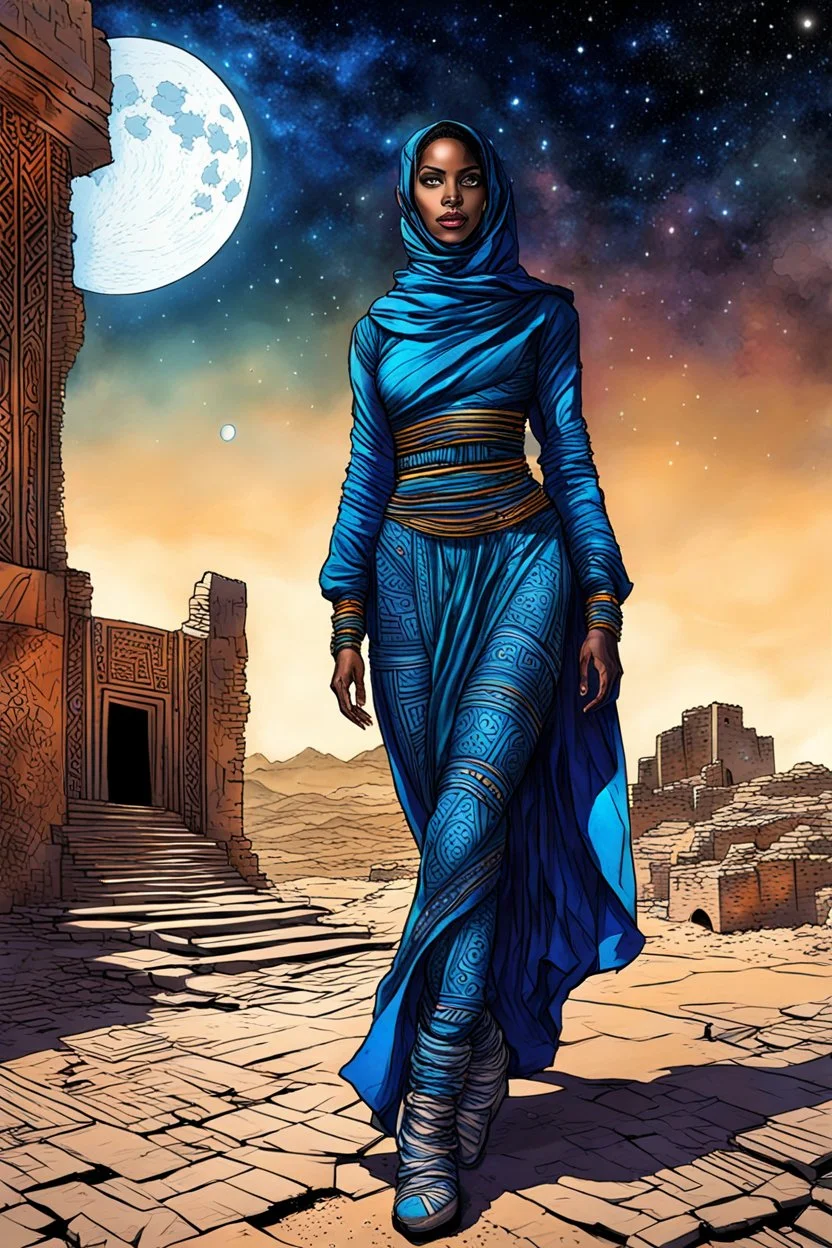 create an imaginative full body drawing of a futuristic Tuareg female, in traditional dress, with finely detailed facial features, in the ruins of Djado under the midnight sky, in the dynamic action style of, Burne Hogarth, finely textured, drawn, colored, and inked