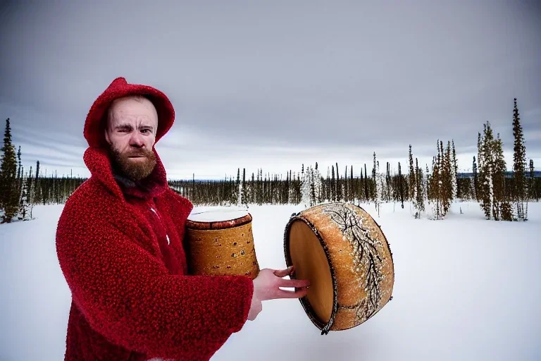 Portrait of a Northern Native Sage. Indigenous, Kekripukki, carries drum made of birch-park, Scary Horns grow from his shoulders, The Egyptian, Traditional Costume is white with red ornaments and patterns. African style colorful faces, Arctic Hills, Strange trees, Haunting Atmosphere, North-Carelia, Karelia, Karjala, Karjalainen, traditional Carelian costumes, dripping black tears on cheek, Kaamos