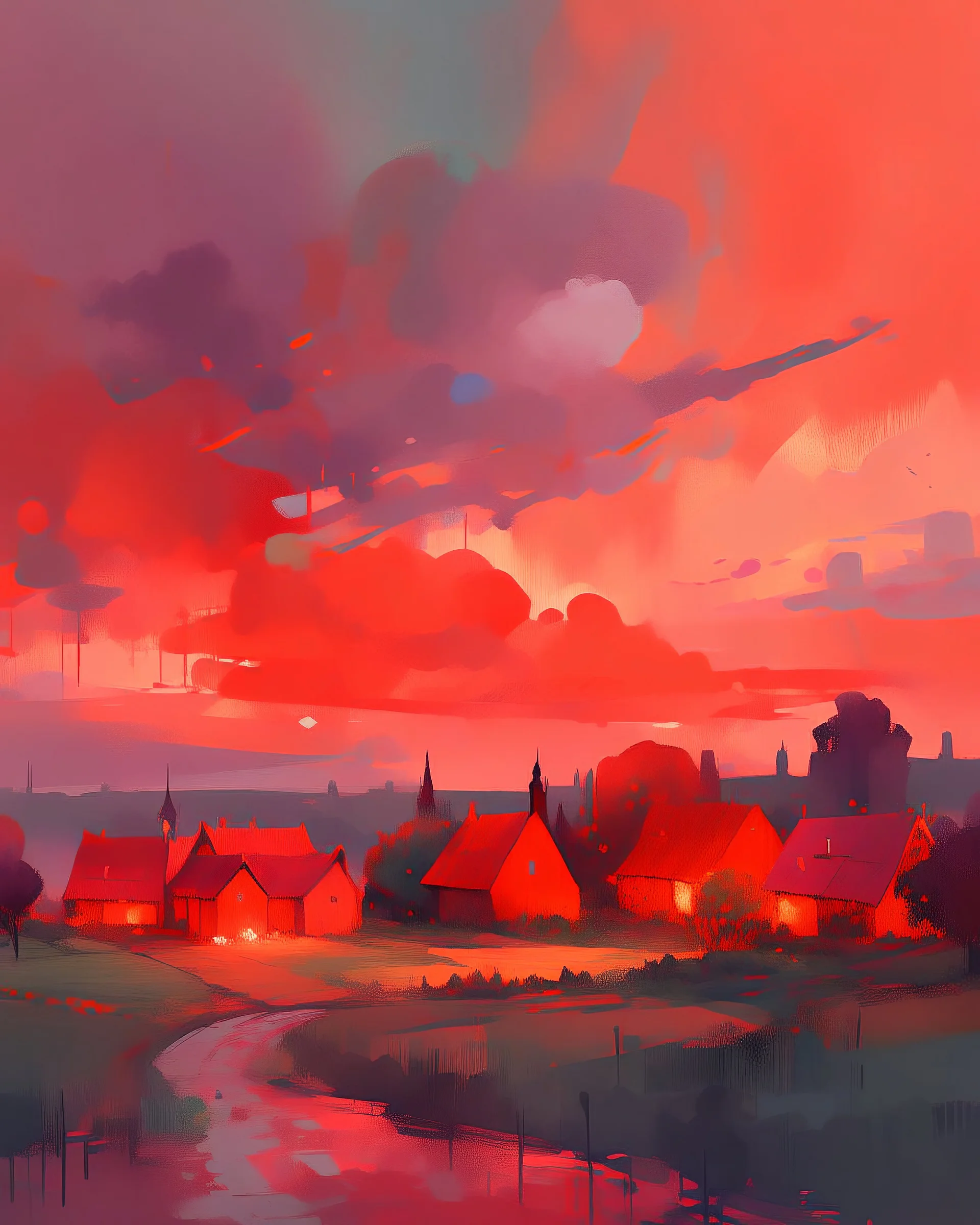 Painterly. Abstract. A village town with bright skyline in a clearing. long view, small homes, buildings, window lights,night view.Anomalous red cloud issuing forth from the heart. Simple yet majestic