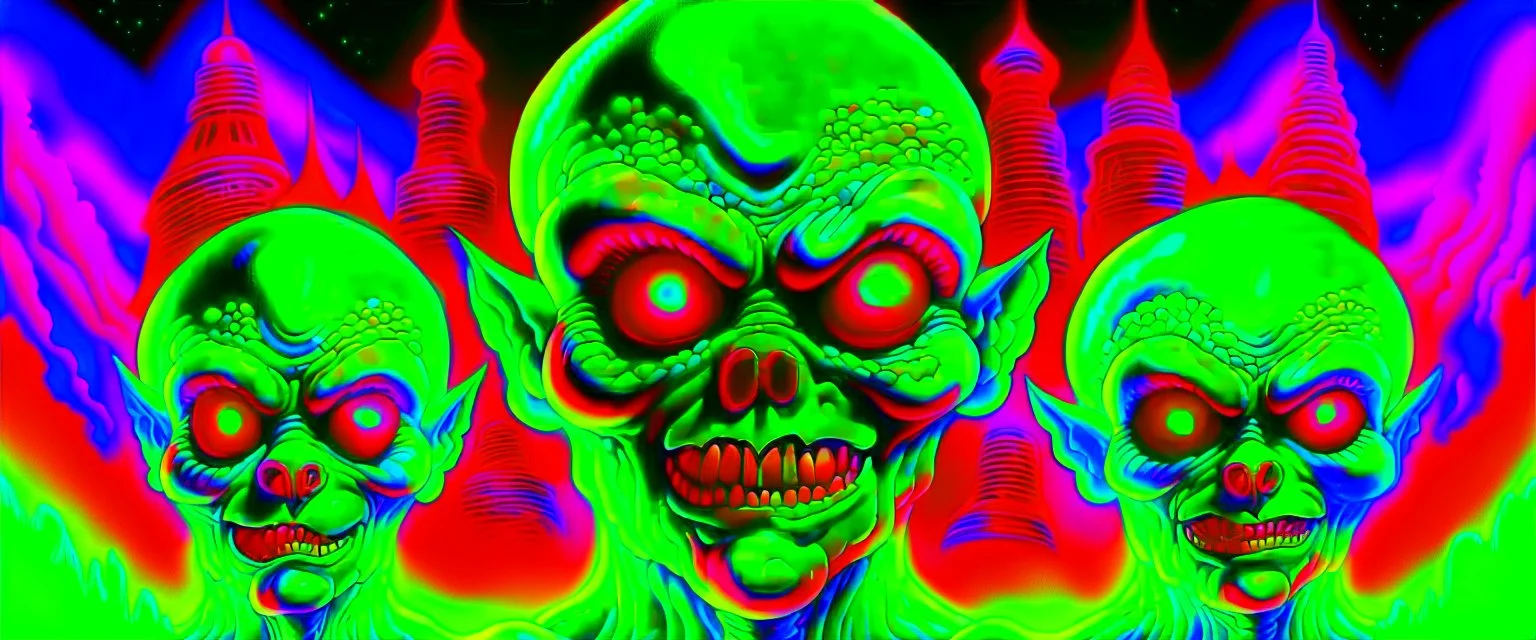 A movie poster featuring jcreatures from mars attacks movie vivid RANDOM BRIGHT neon colors, dark comedy, well lit, high detail, photorealistic, horrorcore, fun, scary, none featured, each a different color or hue,