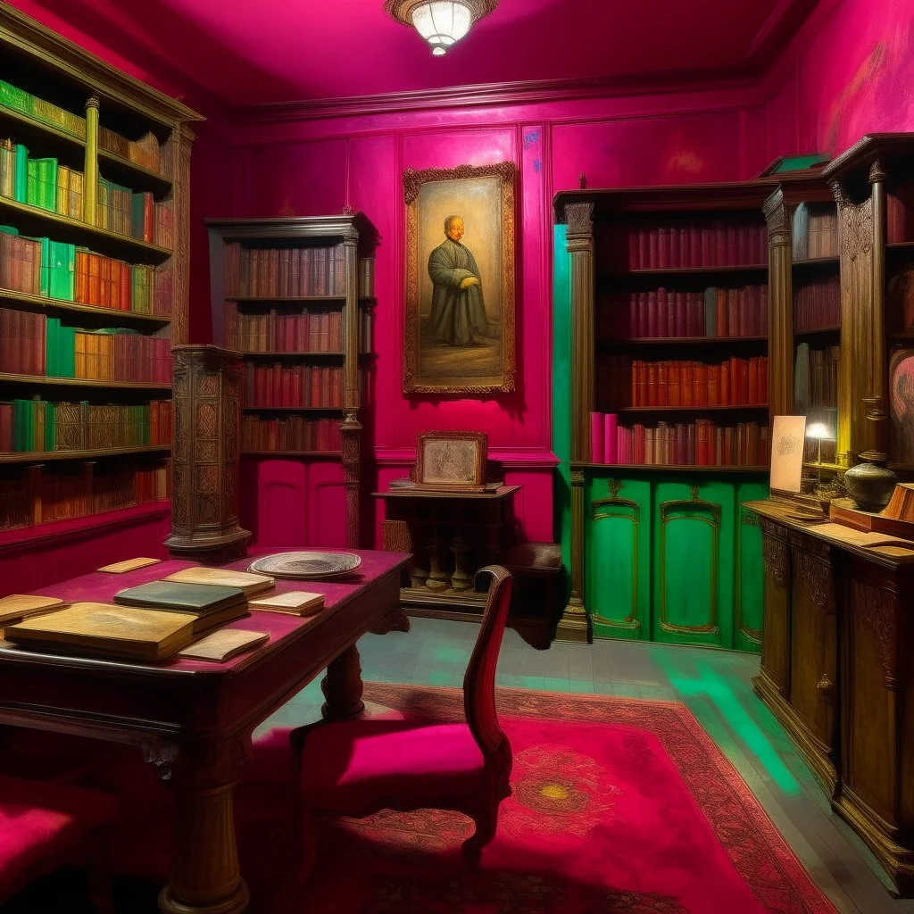 A magenta library with psychic books painted by Edgar Degas