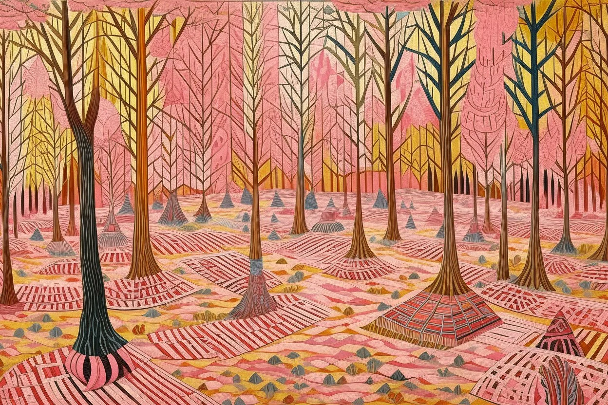 A pink woodland clearing designed in Navajo baskets painted by John Brack