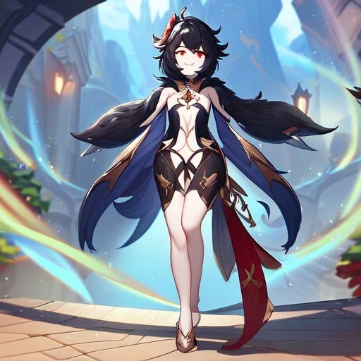 Clear focus,High resolution, black short fluffy hair, long fluffy bangs, and red eyes, Depressed girl, wearing a genshin impact outfit,slight revealing outfit, Smug smile, half closed eyes, smile, full body