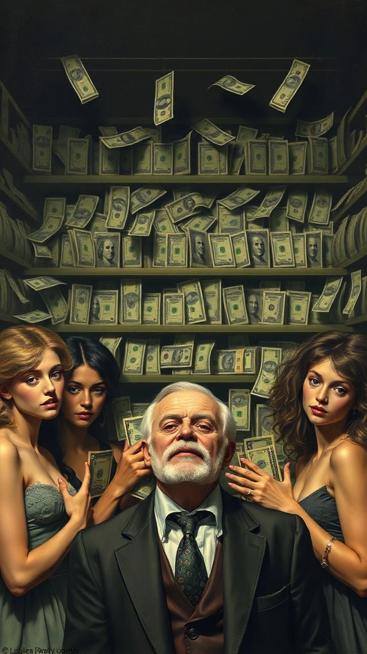 Bosch painting style nightmare, a rich man surrounded by man up young pretty girls andby a walls of money on the shelfs ,