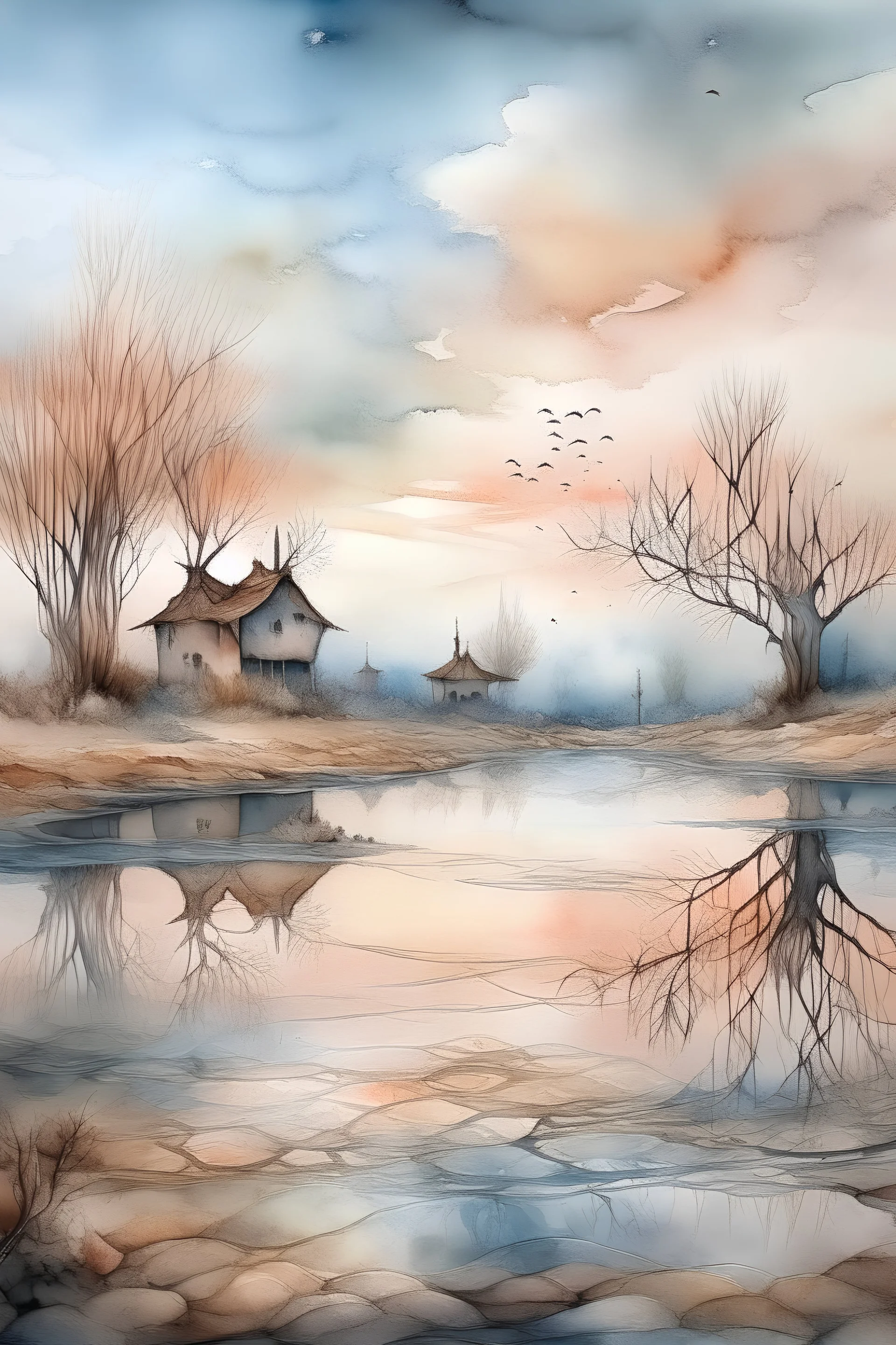 The place where the Dream and its followers live. A reflection of the sky. Watercolor, new year, fine drawing, beautiful landscape, pixel graphics, lots of details, delicate sensuality, realistic, high quality, work of art, hyperdetalization, professional, filigree, hazy haze, hyperrealism, professional, transparent, delicate pastel tones, back lighting, contrast, fantastic, nature+space, Milky Way, fabulous, unreal, translucent, glowing