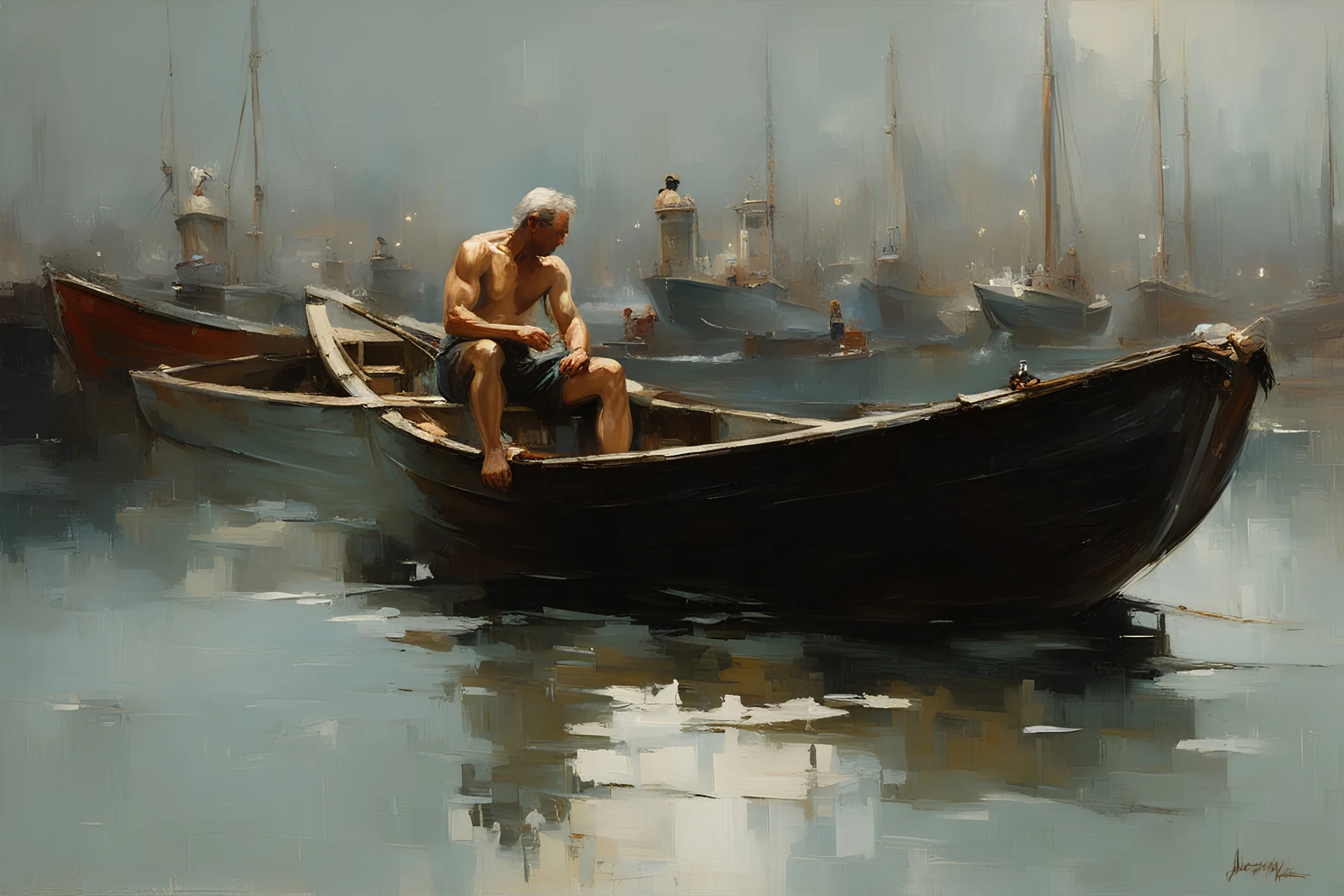 Masterpiece, best quality, oil painting, Jeremy Mann style, old stoic muscular shirtless fisherman on his boat in front of the harbor