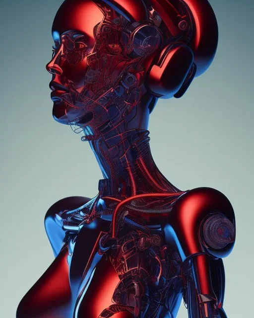 A beautiful portrait of a cyborg body women red color scheme, high key lighting, volumetric light high details psychedelic background