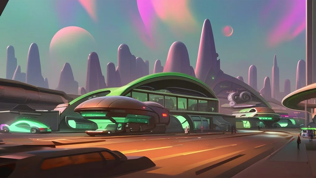 busy alien town, with people, alien buildings, curved roads, vehicles, and spaceships, from ground level