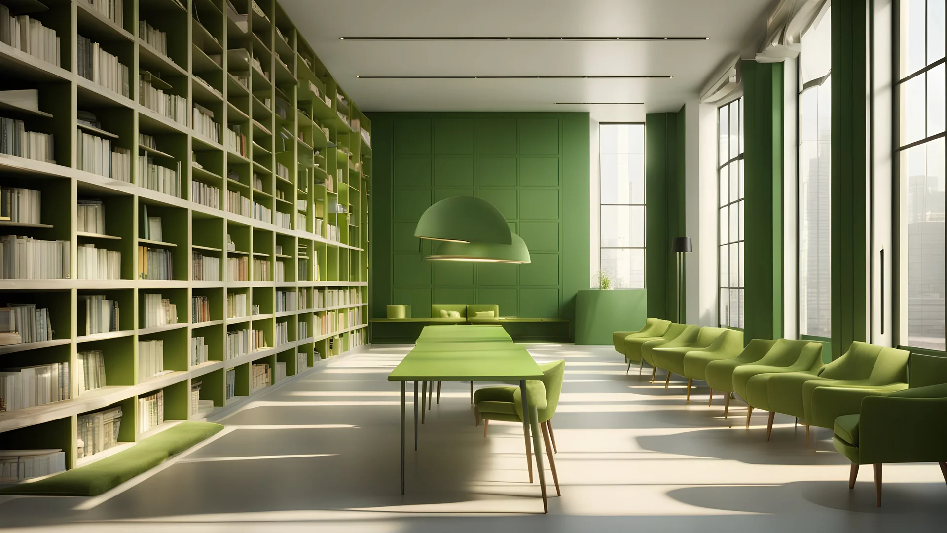 Modern green library interior with sunlight. Decor and desing concept. 3D Rendering