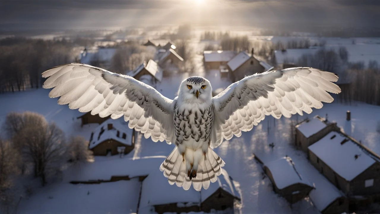 angel's view seen from one snowy owl's brown-gray feathered back as flies over a winter very small village, snowy landscape, little light, dramatic, sunrise, some small Hungarian old country houses from above, perspective, high detailed, sharp focuses, photorealistic