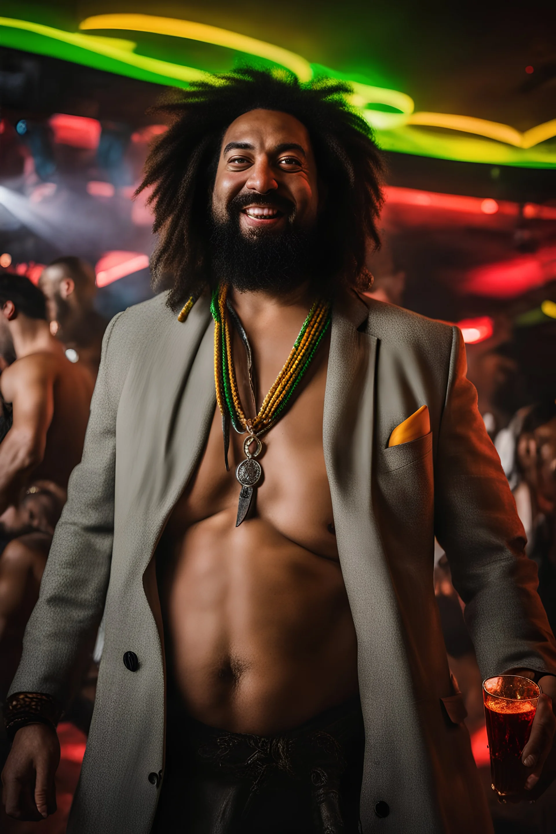 half figure photography of a rastaman chubby muscular strong 39-year-old arab in a discoteque, ajar mouth, shirtless, short beard, bald, drinking cocktail, manly chest, very hairy, side light, view from the ground