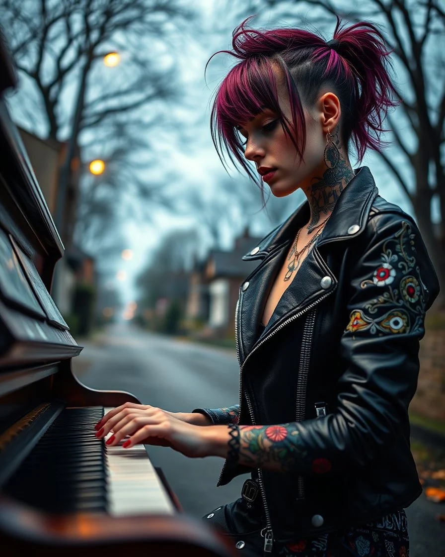 "Midnight Serenade unique" low view angle shot down village road , large close up a beautiful young girl woman with a tattoos and punk style hairstyle wearing a cool black leather jacket like rocker style and playing the piano granite terrazzo motifs with puzzle modern clothing is decorated with colorful filigree abstract, Collage chutes papiers magazines,Spirograph background by Nisa Kiley, Textile Artist