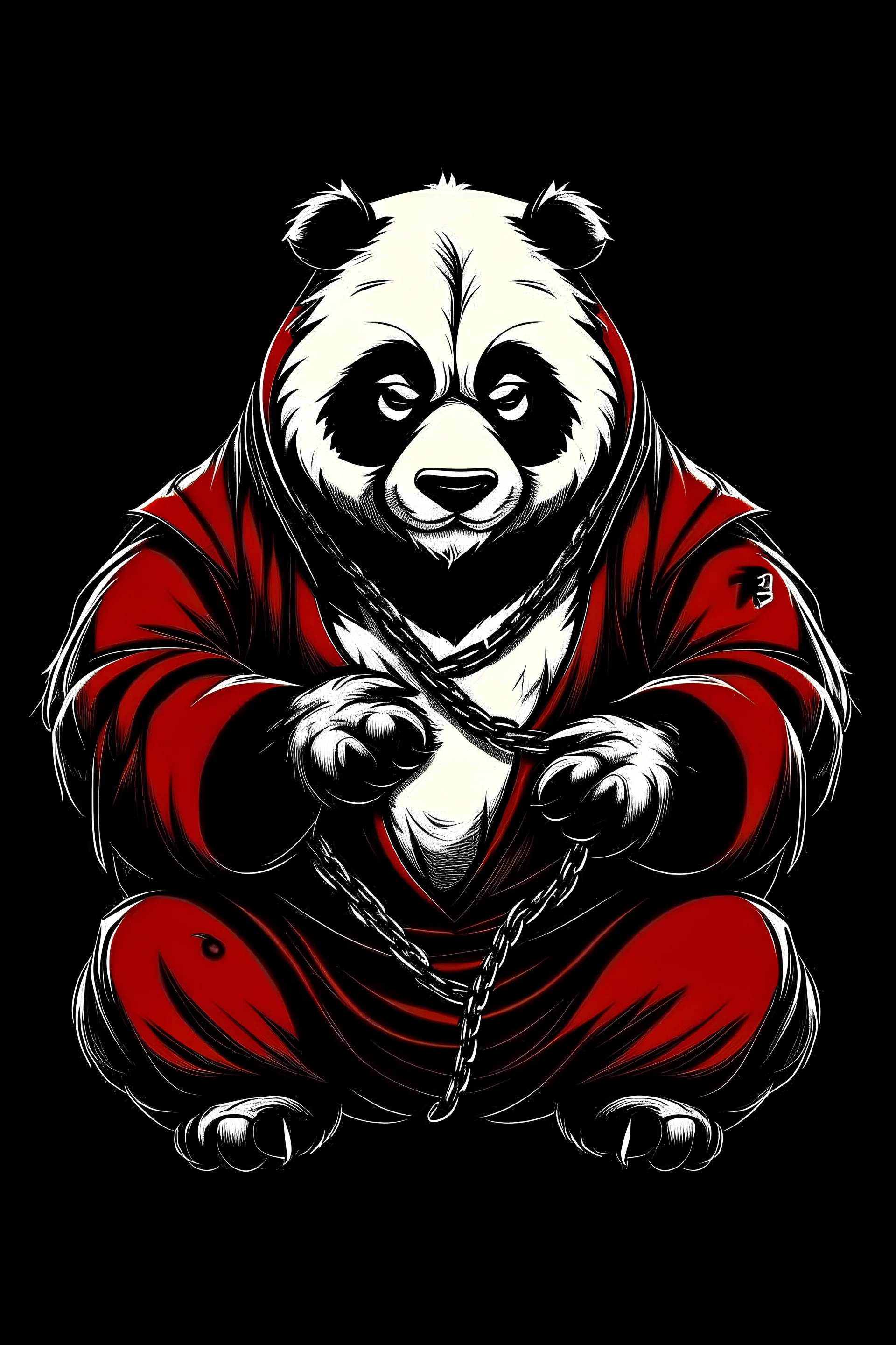 Vector Art, Front View, Kung Fu Panda, stylized, top half, half skin, black background, chains around body, Red eyes